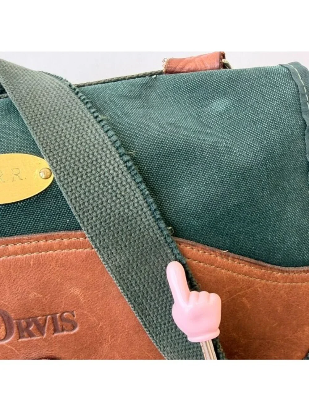 Orvis Vintage Leather Canvas Messenger Bag Green Brown Crossbody Satchel